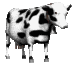 an animated image of a white cow with black spots