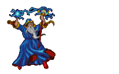 an animated pixel-art image of a wizard wielding a staff and shooting electricity from his hand