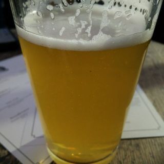 A rich, yellow beer with ample head shown atop a pub table