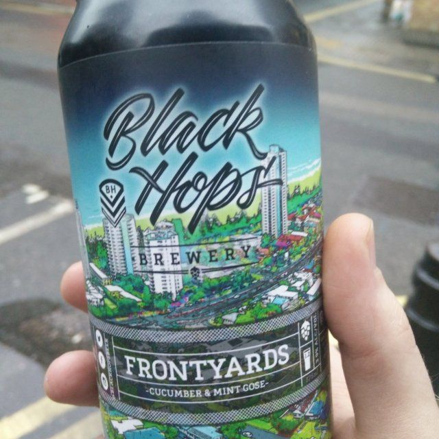A photo of a beer can, showing the Black Hops logo and a cityscape painting in the background