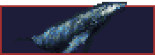 A pixel art graphic of a bowhead whale, which is coming towards the viewer, its tail fading into the dark water around it