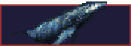 A pixel art graphic of a bowhead whale, which is coming towards the viewer, its tail fading into the dark water around it