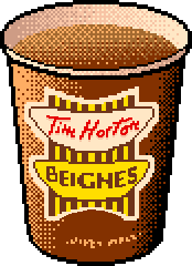 A pixel-art image of a 1990’s-era cup of Tim Horton’s coffee
