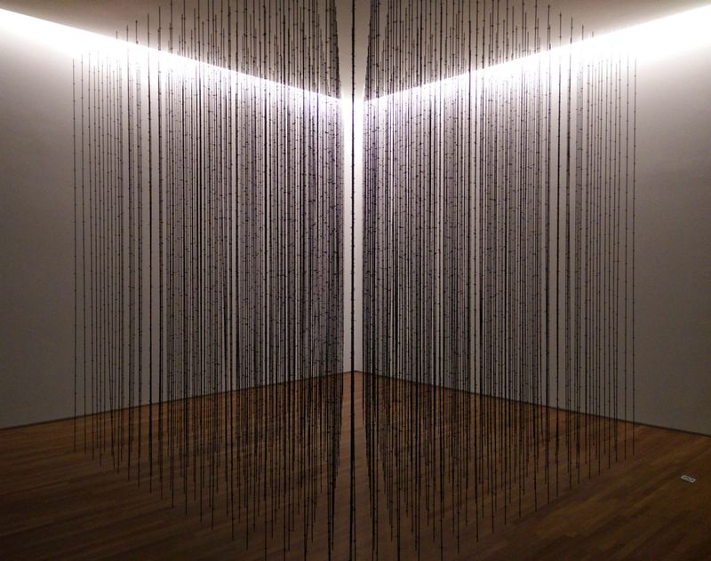 an art piece composed of hundreds of vertically-suspended strings