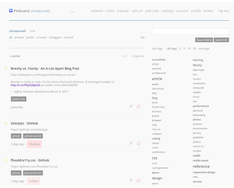 A screenshot of Pinboard’s dashboard design with my custom styles applied