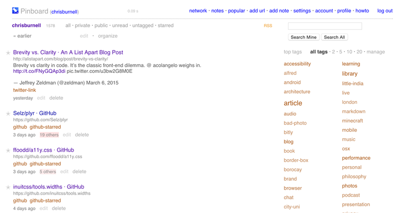 A screenshot of Pinboard’s default dashboard design