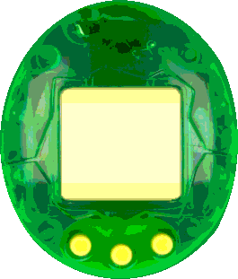 a colour-degraded image of a transparent-green Tamagotchi device